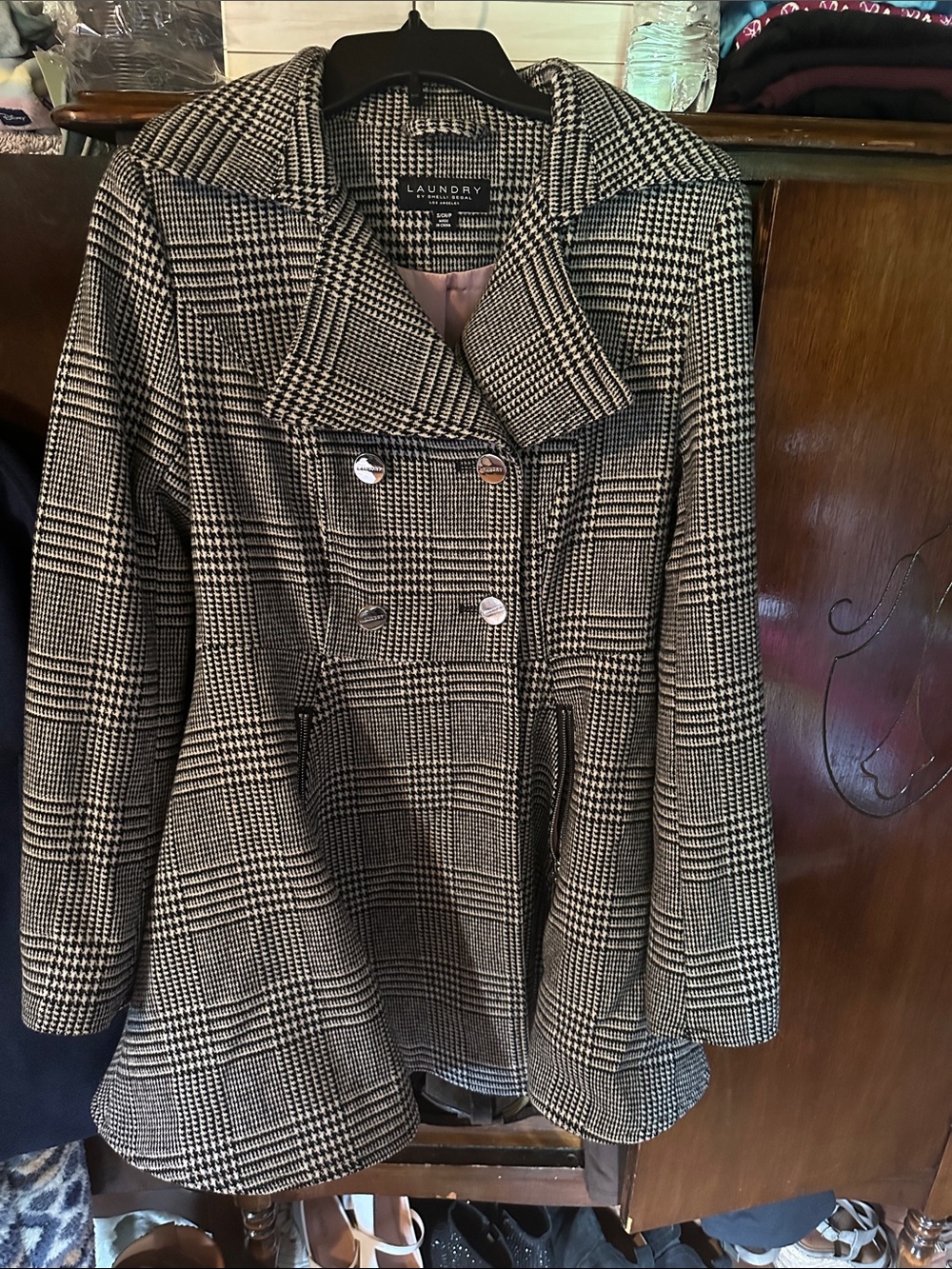 Laundry by Shelli Segal Black & White Plaid Double-Breasted Pea Coat